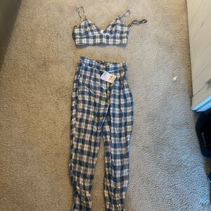 Blue Plaid Women's bralette crop top & matching high-waisted pants set. NWT